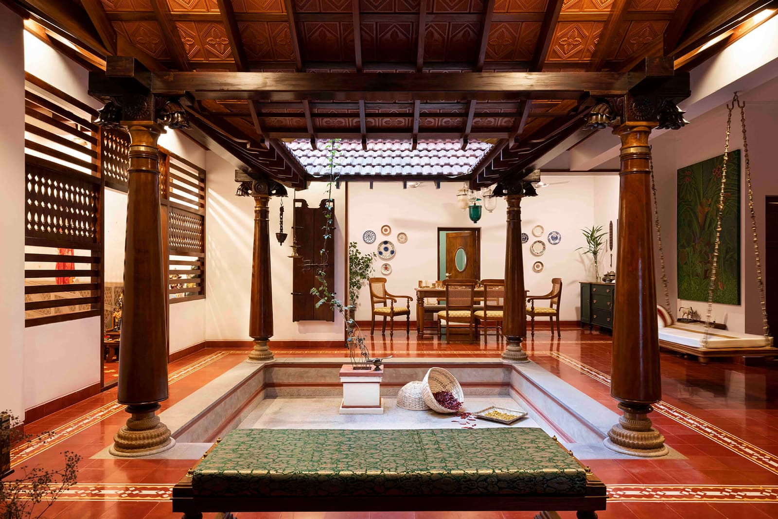 Traditional Kerala courtyard home interior designed by BYTS Interior