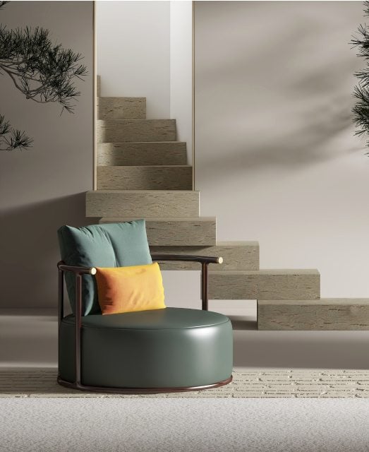 Minimalist interior with floating staircase, modern round chair, and soft cushion accents – contemporary living room design