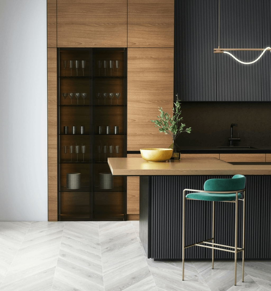 Modern kitchen interior with dark wood cabinets, vertical paneling, and a stylish island with green bar stool – contemporary luxury design